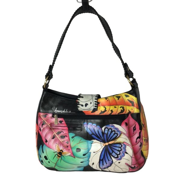 Anuschka NEVER USED Handpaint Leather Shoulder Bag Lady Bugs Butterfly - Picture 4 of 12